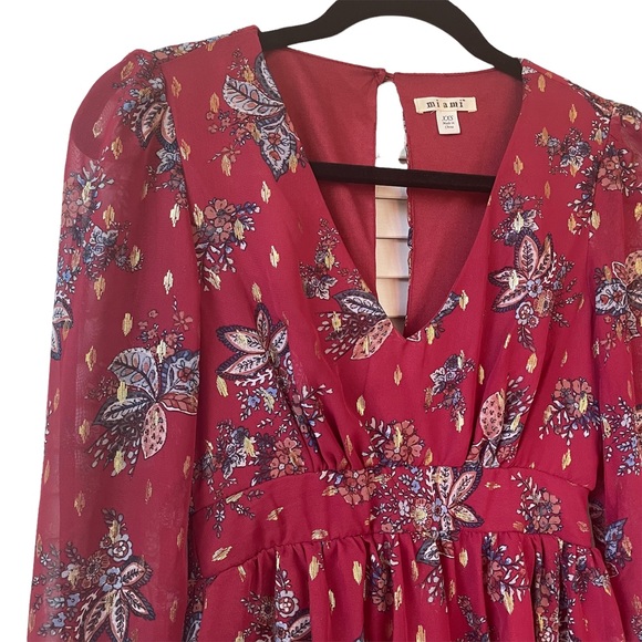 NWT! Mi Ami V-neck Balloon Long Sleeve Flowy Burgundy Mini Dress Size XXS - Picture 3 of 13
